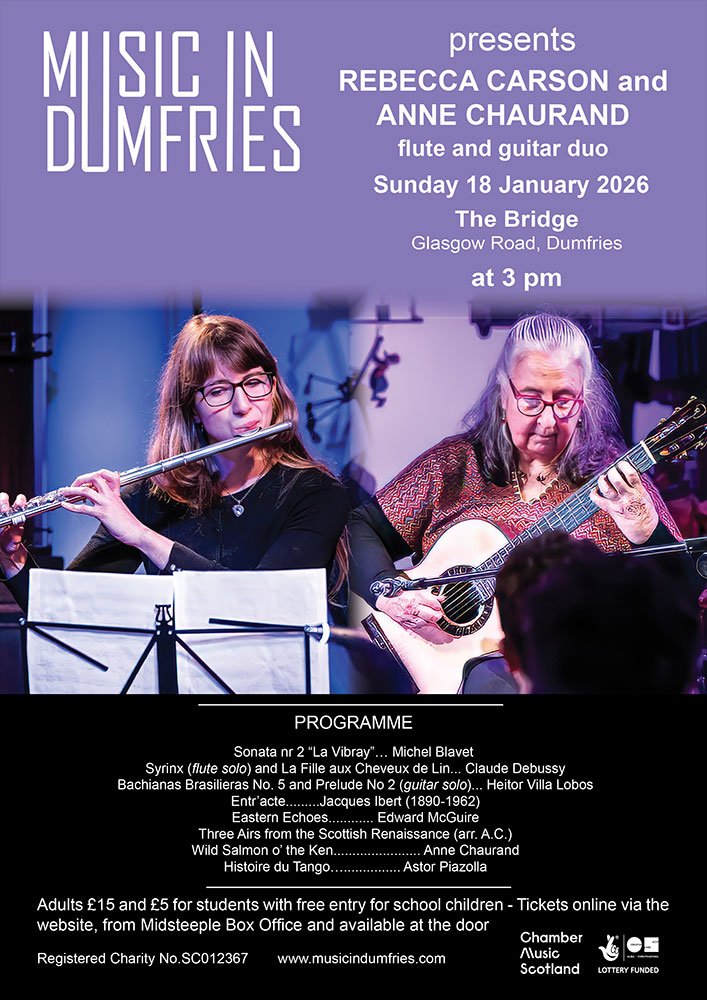 Anne Chaurand & Rebecca Carson, flute and guitar duo - Sun-18 Jan 2026. The Bridge, Dumfries